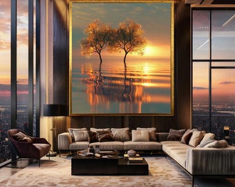 Two Trees at Sunset Wall Art with Golden Water Reflections, Peaceful Romantic Nature Canvas Print for Zen or Minimalist Home Decor