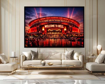 Stadium Canvas Print with Welcome to Hell Sign and Fiery Red Lights at Sunset Football Atmosphere Art