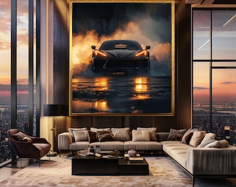Aggressive Black Sports Car Wall Art Print, Cinematic Headlight Glow Photography, Dark Garage Decor for Modern Auto Enthusiast Interiors