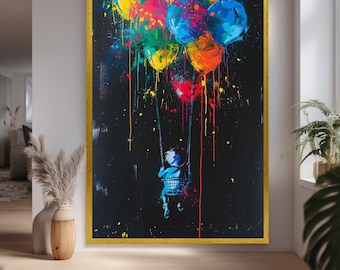 Banksy Balloon Canvas Print With Child On Swing Lifted By Heart Balloons Modern Urban Pop Art Wall Decor For Home Or Studio