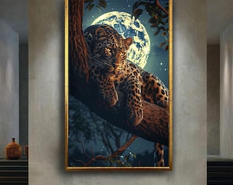 Leopard Canvas Wall Art Print with Full Moon, Mystical Jungle Animal Artwork for Bedroom or Office, Big Cat Nocturnal Nature Decor