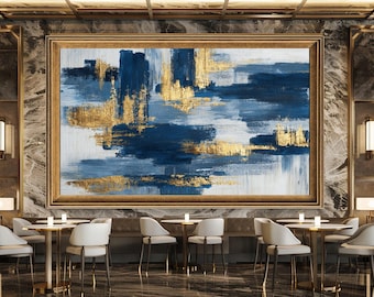 Modern Abstract Wall Art Print with Navy Blue and Gold Brush Strokes, Luxury Contemporary Canvas for Living Room or Office Decor