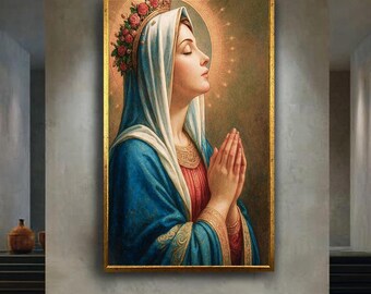 Virgin Mary Praying Canvas Wall Art, Sacred Catholic Religious Icon Print with Halo and Roses, Blessed Mother Christian Home Decor