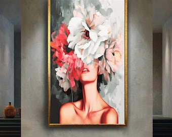 White and Pink Flower Face Woman Art Print – Elegant Feminine Wall Decor Featuring Floral Crown Aesthetic in Soft Tones