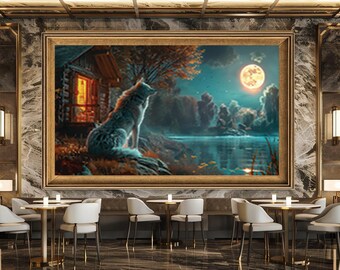 Wolf and Moon Cabin Wall Art Print, Mystical Night Nature Scene Canvas Art, Forest Lake Wildlife Artwork for Rustic Decor