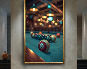 Billiard Pool Table Wall Art with 8 Ball and Colorful Lights Bar Game Room Decor Modern Sports Photography Print
