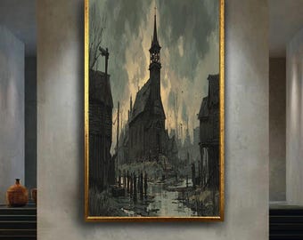 Dark gothic church wall art print, eerie haunted village canvas, horror aesthetic spooky landscape print for gothic decor