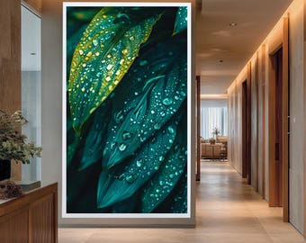 Nature Close-Up Wall Art Print with Raindrops on Green Leaves, Botanical Photography Canvas for Calm and Fresh Home Decoration