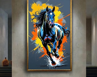Running horse canvas wall art, abstract animal painting print, bold colorful artwork, western style home decor, equestrian wall gift