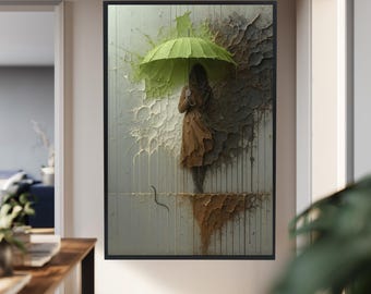 Woman Holding Green Umbrella Abstract Wall Art Canvas With Grunge Rain Style For Modern Industrial Room Decor