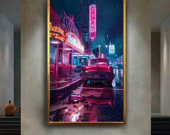 Neon Rainy Night Street Canvas Wall Art – Vintage Pink Chevy Car with Retro Diner Signs and 80s Synthwave City Scene