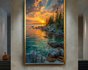 Sunset Lake Landscape Canvas Wall Art – Serene Rocky Shore with Pine Trees and Golden Sky for Nature Inspired Home Decor