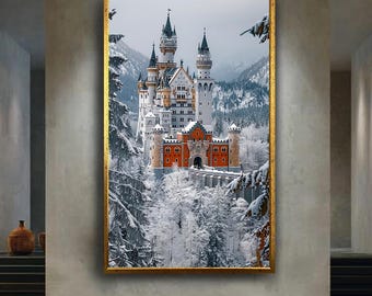 Neuschwanstein Castle Winter Wall Art Snowy Landscape Canvas Print Bavarian Fairy Tale Poster for Christmas or Alpine Decor Gift