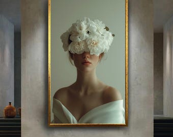 Minimalist floral woman portrait canvas print elegant white flowers surreal female wall art modern feminine artwork for bedroom or studio