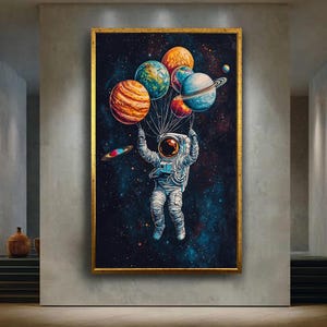 Astronaut Space Wall Art Print, Planets Balloon Digital Poster, Whimsical Galaxy Sci Fi Artwork, Colorful Outer Space Room Decor