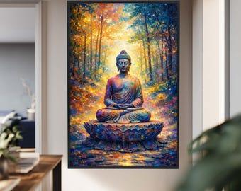 Colorful Buddha Canvas Wall Art, Spiritual Meditation Print with Lotus and Forest Background, Zen Inspired Peaceful Decor on Canvas