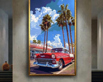Retro Red Chevy Classic Car Canvas Wall Art – Vintage 1950s Palm Trees and Gas Station Scene for Garage or Man Cave Decor