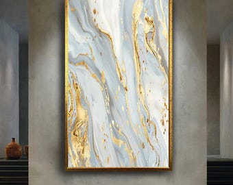 Abstract Blue White and Gold Marble Canvas Wall Art with Fluid Print, Modern Luxury Minimalist Home Decoration