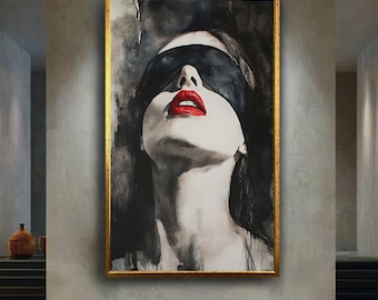 Sensual Woman Wall Art – Blindfolded Red Lips Watercolor Painting – Bold Feminine Aesthetic Modern Minimalist Portrait Print