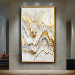 Abstract White Grey and Gold Marble Canvas Wall Art with Fluid Painting Texture, Modern Luxury Minimalist Home Decoration
