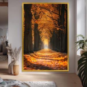 Golden Autumn Forest Path Canvas Wall Art – Tranquil Fall Trees Landscape Print for Rustic, Nature-Inspired Home Decor