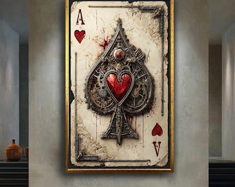 Gothic Heart Ace Wall Art Print, Steampunk Playing Card Canvas Art, Dark Fantasy Spade Illustration, Horror Game Room Decor