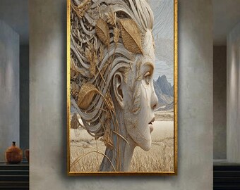 Nature Goddess Woman Portrait Canvas Wall Art with Wheat and Leaves, Rustic Earth Tone Landscape Artwork for Home Decoration