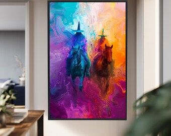Fantasy Witch Riders on Horses Canvas Wall Art with Swirling Rainbow Background, Abstract Magical Print for Vibrant and Mystical Decor