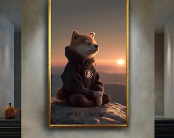 Shiba Inu Bitcoin Canvas Wall Art, Meditating Crypto Dog Canvas Print, Zen Meme Animal Artwork for Crypto Lovers and Traders