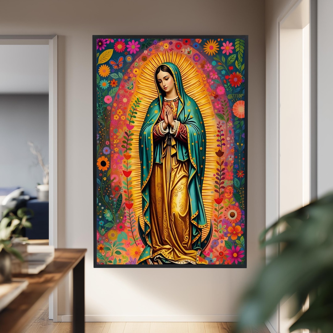 Our Lady of Guadalupe Canvas Wall Art, Colorful Floral Virgin Mary ...