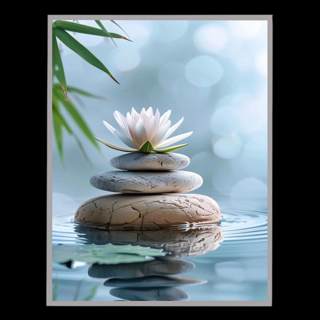 Lotus Flower and Zen Stones Canvas Wall Art, Peaceful Water Reflection ...