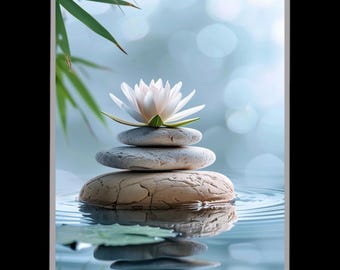 Lotus Flower and Zen Stones Canvas Wall Art, Peaceful Water Reflection Print, Tranquil Spa Decor Poster, Minimal Meditation Artwork