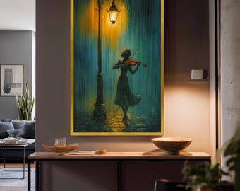 Emotional Rainy Night Canvas Art With Woman Playing Violin Under Street Light Romantic Music Lover Wall Decor