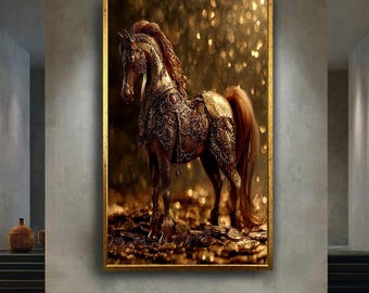 Golden Horse Wall Art Print – Majestic Fantasy Equine Canvas – Luxury Mythical Decor Poster with Ornate Details for Home