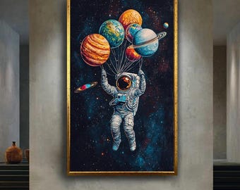Astronaut Space Wall Art Print, Planets Balloon Canvas Art, Whimsical Galaxy Sci Fi Artwork, Colorful Outer Space Room Decor