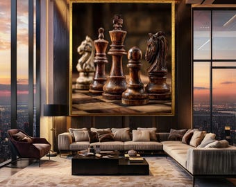 Wooden Chess Canvas Wall Art Classic Strategy Game Scene with Rustic Chess Pieces and Vintage Board for Office or Study Decor