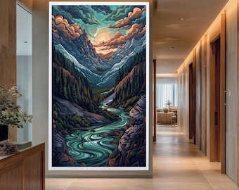 Colorful Mountain River Landscape Canvas Wall Art with Swirling Sky and Forest Valley, Stylized Nature Print for Rustic or Modern Decor