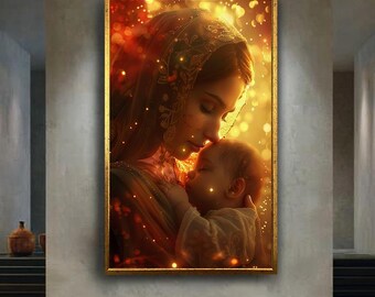 Mary and Baby Jesus Canvas Wall Art, Sacred Madonna and Child Print, Holy Christian Artwork for Prayer Room or Religious Home
