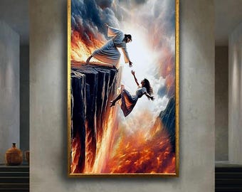 Jesus Saving Woman Wall Art – Dramatic Cliff Rescue Scene Canvas Art – Christian Mercy and Redemption  for Faith Decor