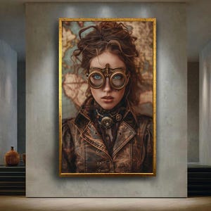 Steampunk Explorer Woman Canvas Wall Art – Vintage Leather Jacket and Brass Goggles Portrait with Map Background
