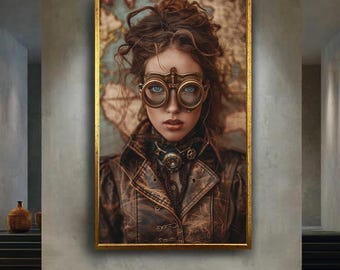 Steampunk Explorer Woman Canvas Wall Art – Vintage Leather Jacket and Brass Goggles Portrait with Map Background