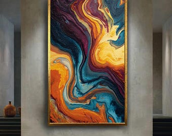 Bold Abstract Canvas Wall Art, Color Explosion Acrylic Painting Print, Modern Fluid Style Decor for Living Room or Office Interior