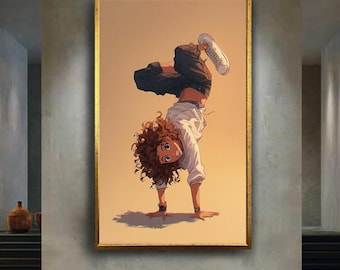 Anime Girl Handstand Canvas Wall Art – Energetic Curly Haired Character in Dynamic Pose for Kids Room or Anime Lover Decor
