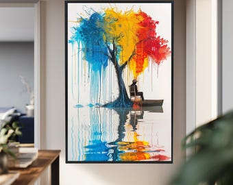 Colorful Abstract Tree Canvas Wall Art – Modern Drip Print with Boat and Figure for Artistic Home Decor and Creative Interior Spaces
