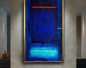 Deep Blue Abstract Expressionist Wall Art | Minimal Modern Color Field Canvas | Bold Red Line Painting Print for Contemporary Decor