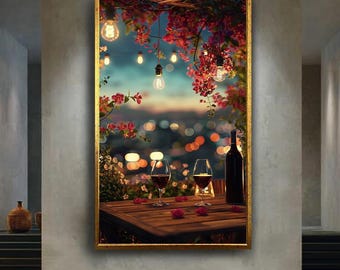 Romantic Wine Evening Canvas Wall Art, Cozy City Lights Print, Intimate Dinner Date Artwork for Bedroom, Dining Room or Home Decor
