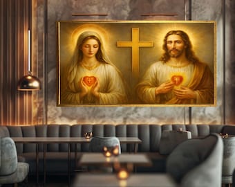 Jesus and Virgin Mary Sacred Heart Canvas Wall Art Christian Religious Print Holy Cross Spiritual Catholic Decor for Home or Chapel