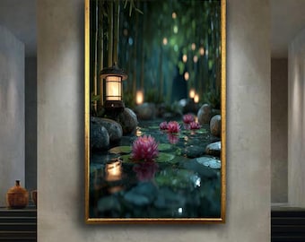 Zen Lotus Pond Wall Art Print – Japanese Garden with Lanterns Canvas – Tranquil Spa Meditation Poster – Peaceful Nature Decor