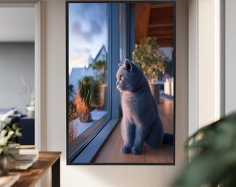 British Shorthair Cat Looking Out the Window – Peaceful Grey Kitty Canvas Print for Calm Modern Pet Wall Art and Cozy Home Decor