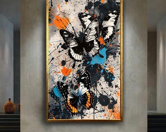 Graffiti Style Butterfly Canvas Wall Art – Modern Abstract Splatter Print with Black and Colorful Wings for Bold Artistic Home Decor